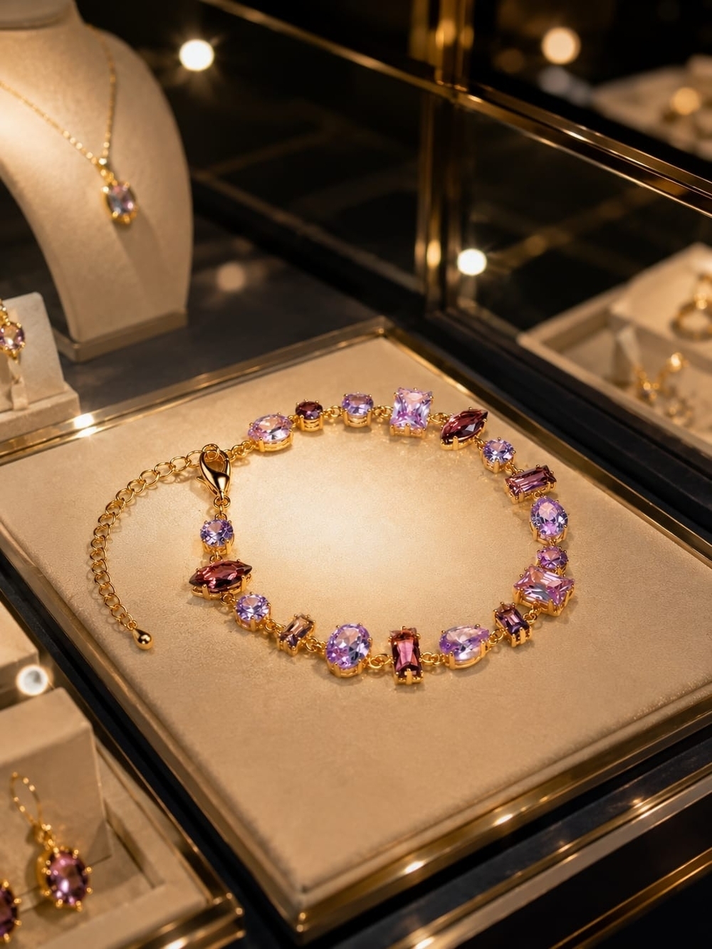 Gold Bracelet with Lavender and Deep Purple Gemstones -